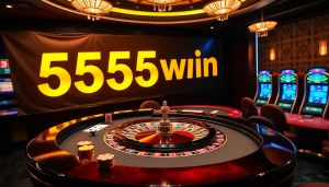 Experience the thrilling atmosphere of 555win with vibrant casino tables and poker chips.