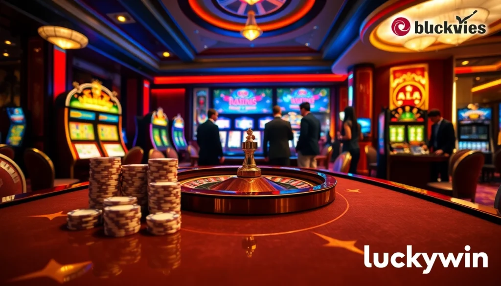 Experience the thrill of Luckywin with vibrant slot machines and poker tables in an elegant casino atmosphere.