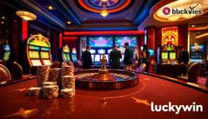 Experience the thrill of Luckywin with vibrant slot machines and poker tables in an elegant casino atmosphere.