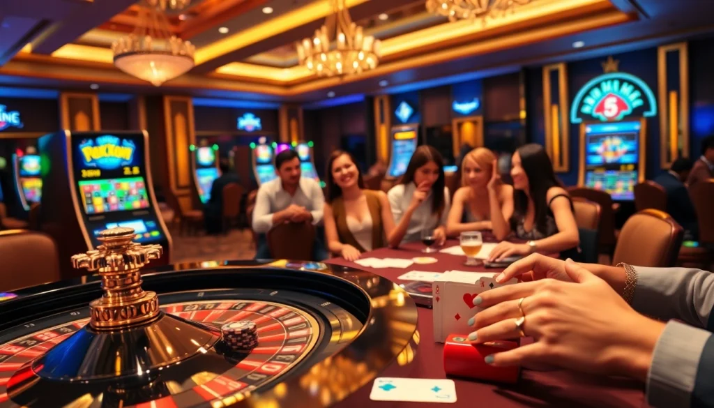 Players enjoying a game at MM88's vibrant casino, showcasing excitement and luxury.