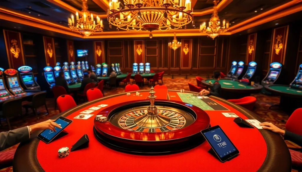 Experience the thrill of TT88 at an elegant casino with roulette tables, poker chips, and slot machines.