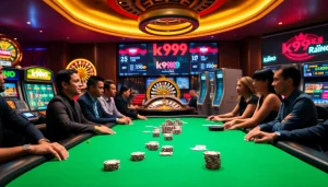 Players enjoying a vibrant atmosphere at k9k9 casino with roulette wheels and poker tables.