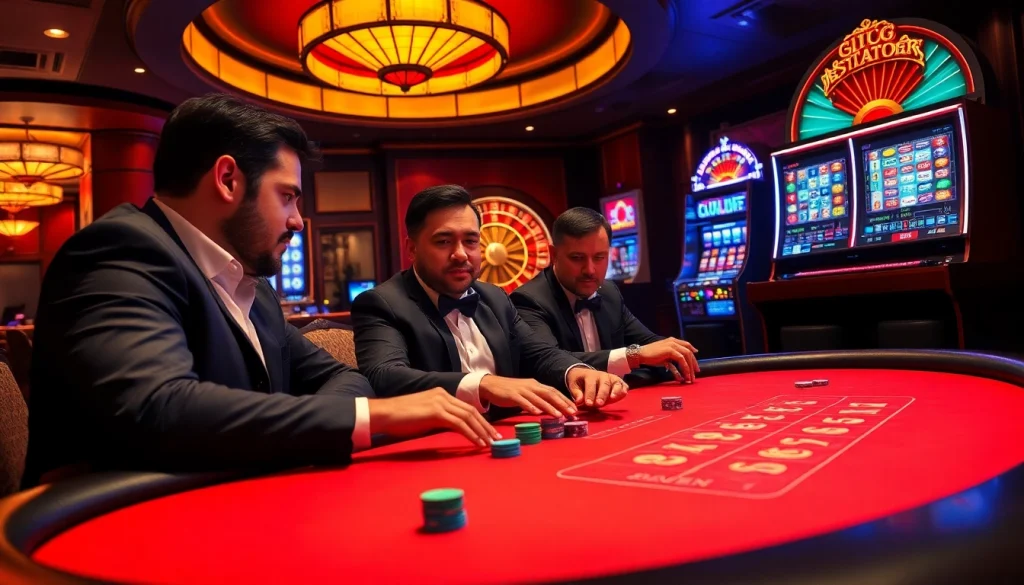 A thrilling casino scene with players at a poker table, chips and a vibrant onicplay slot machine visible.