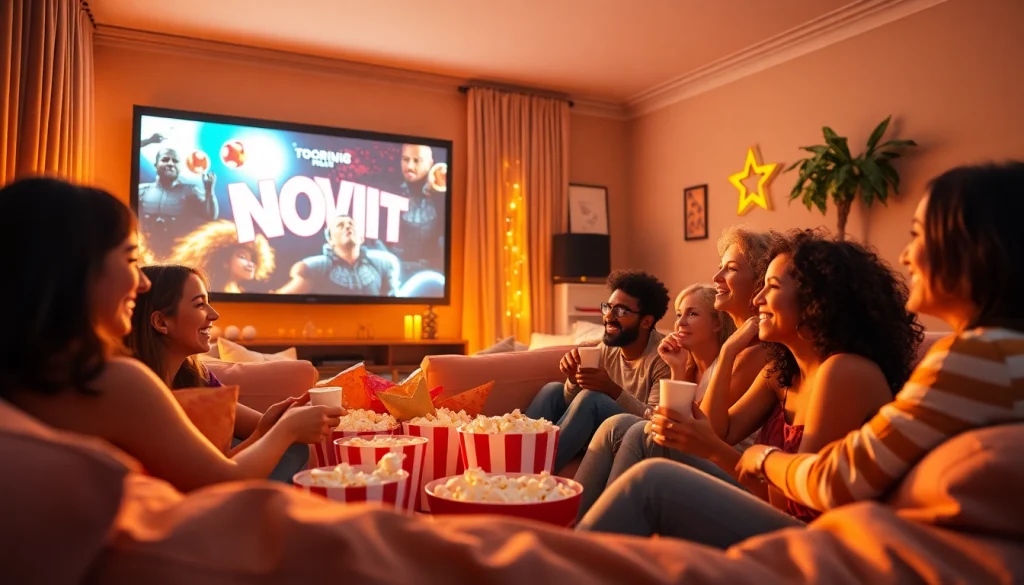 Friends enjoying a movie night with rebahin films and cozy atmosphere.