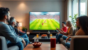 Experience live football streaming on https://vaoluoitv.it.com with friends in a vibrant living room.