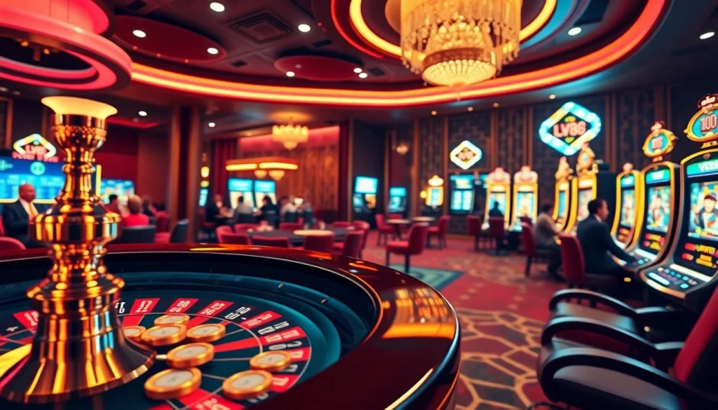 Players immersed in LV88's glamorous online casino experience, featuring roulette, poker chips, and slots.