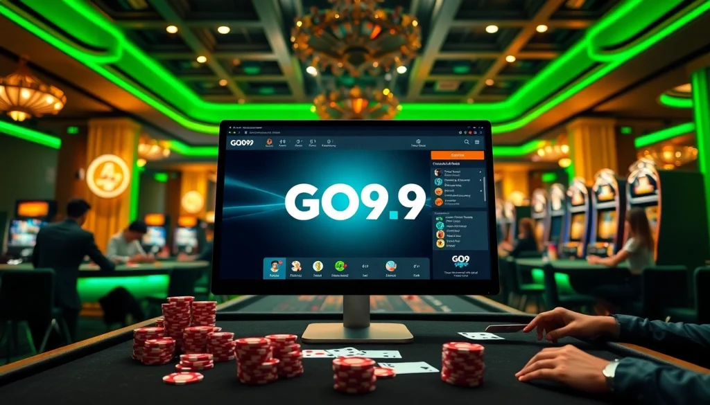 Experience excitement with GO99 online games at a vibrant casino table with poker chips and slots.