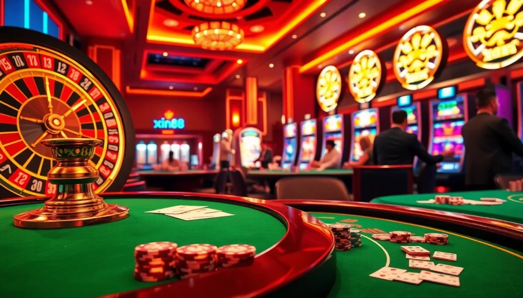Gamblers enjoying lavish casino games at xin88, featuring poker, roulette, and slot machines.