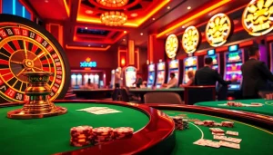 Gamblers enjoying lavish casino games at xin88, featuring poker, roulette, and slot machines.