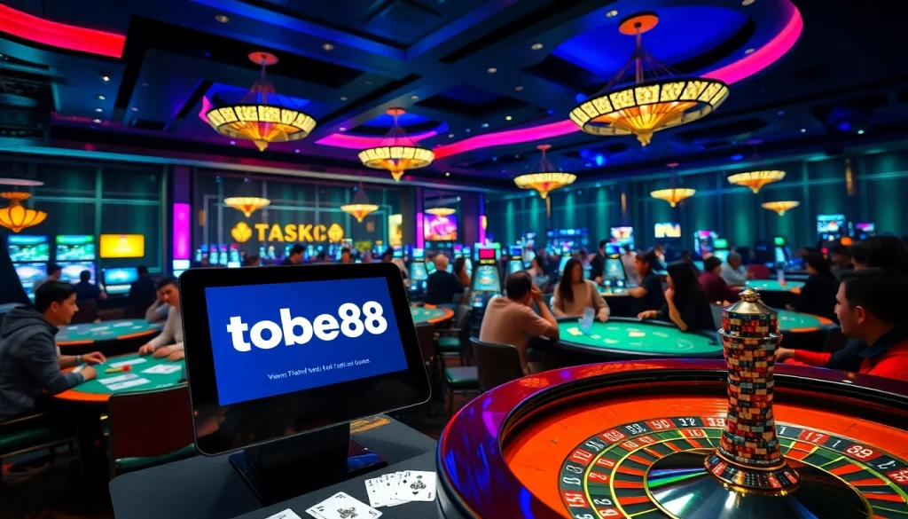 Players enjoying exciting casino games at tobet88 with vibrant lights and engaging atmosphere.