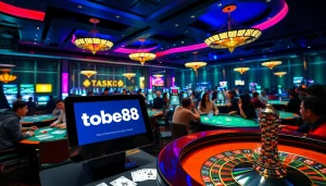 Players enjoying exciting casino games at tobet88 with vibrant lights and engaging atmosphere.