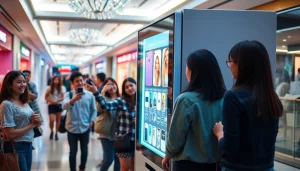 Engaging phone case vending machine showcasing customizable options in a vibrant shopping mall environment.