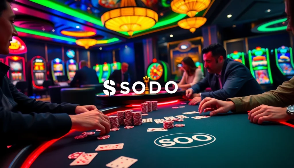 Players engaging in a thrilling poker game at SODO Casino, surrounded by vibrant casino elements.