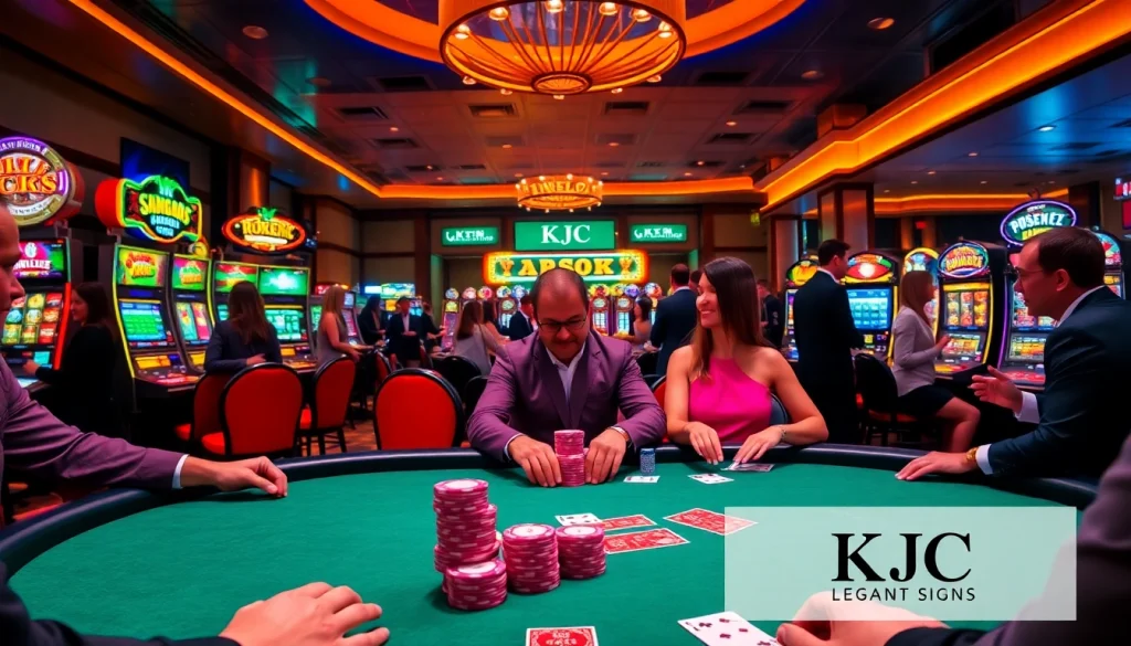 KJC players strategizing at a high-stakes poker table in a vibrant luxury casino.