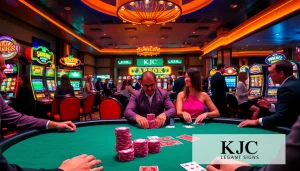 KJC players strategizing at a high-stakes poker table in a vibrant luxury casino.