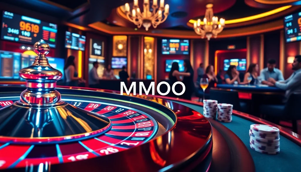 MMOO-themed poker table with chips and cards in an elegant casino setting.