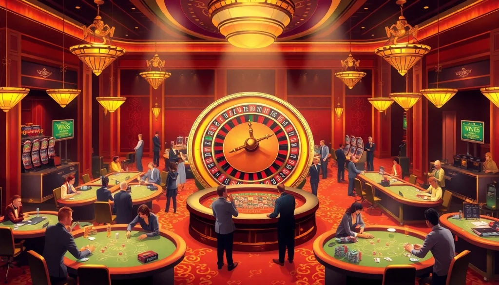 Gamblers enjoying an exciting casino experience at win55, featuring roulette and poker tables.