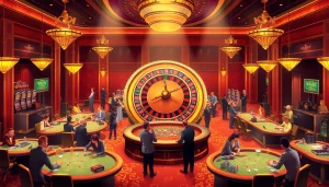 Gamblers enjoying an exciting casino experience at win55, featuring roulette and poker tables.