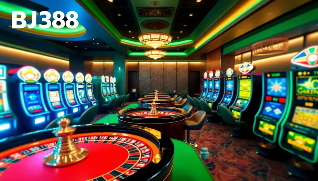 Experience the thrill of BJ388's online gaming with vibrant casino elements.