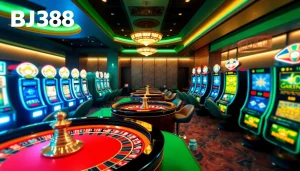 Experience the thrill of BJ388's online gaming with vibrant casino elements.