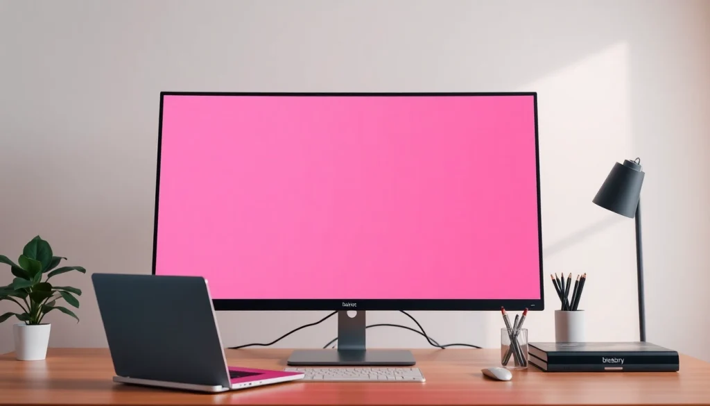 Soft pink screen displayed in a modern workspace for calming ambiance.