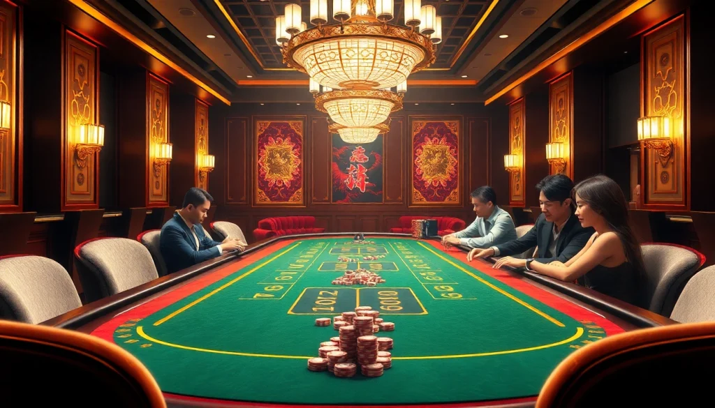 Tài xỉu MD5 game table with dice and betting chips in an elegant casino setting.