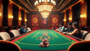 Tài xỉu MD5 game table with dice and betting chips in an elegant casino setting.