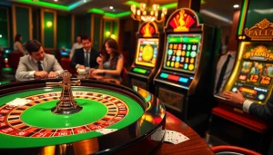Gamblers enjoying the excitement of Nhà cái TK88 at a luxurious casino table with roulette and poker elements.