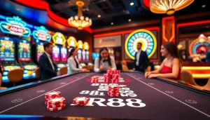 Engage with the RR88 casino experience at a vibrant gaming table surrounded by excitement.