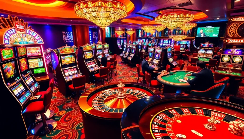 Players enjoying the excitement of casino games at 23win with vibrant slot machines and roulette.