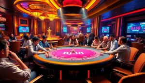 Players engage at the BJ38 gaming table, showcasing excitement and strategy in a vibrant casino atmosphere.