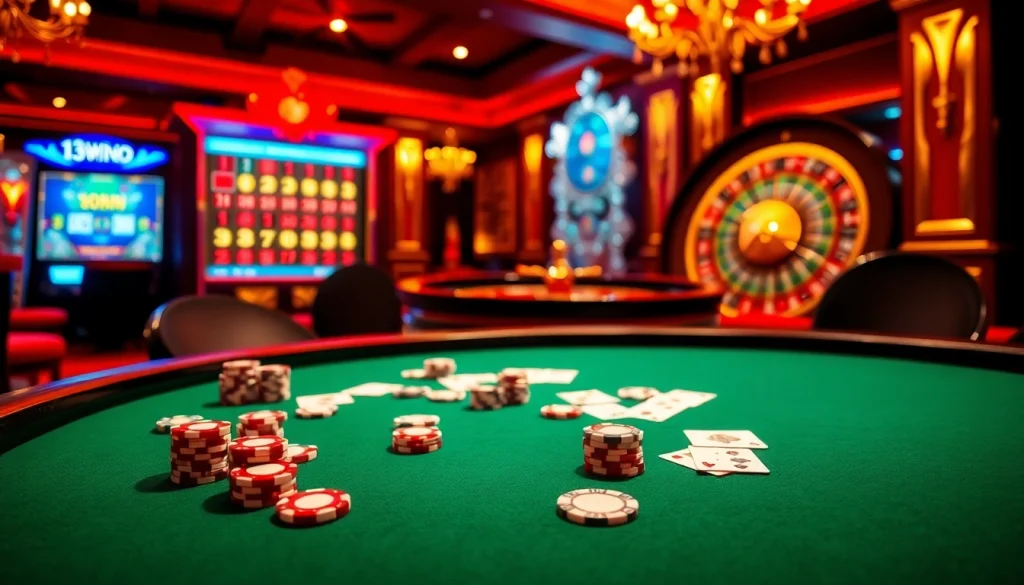 A dynamic poker scene with exciting elements of 13Win Com online gambling, including cards and chips.