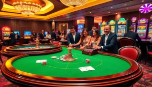 Engaging scene of players at a high-end casino featuring games from https://kjcmh.com/ showcasing excitement and luxury.