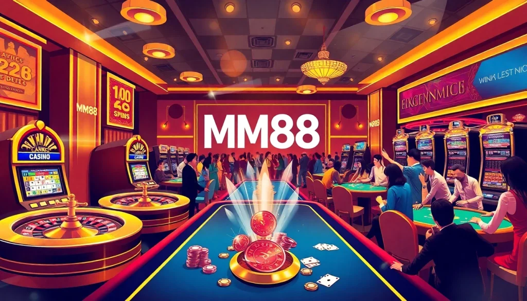 Experience the excitement of gambling at MM88 with professional gaming tables and vibrant slot machines.