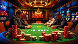 Exciting FLY88 poker table scene with vibrant chips and skilled players in action.