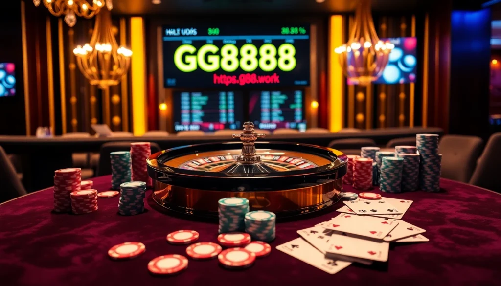 Experience gaming at https://gg88.work/ with an exciting scene of poker chips and a roulette wheel.
