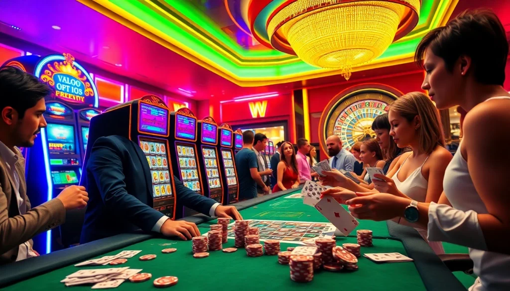 Experience thrilling wins at slot777 with players enjoying vibrant slot machines in a lively casino.