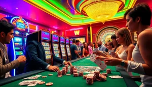 Experience thrilling wins at slot777 with players enjoying vibrant slot machines in a lively casino.