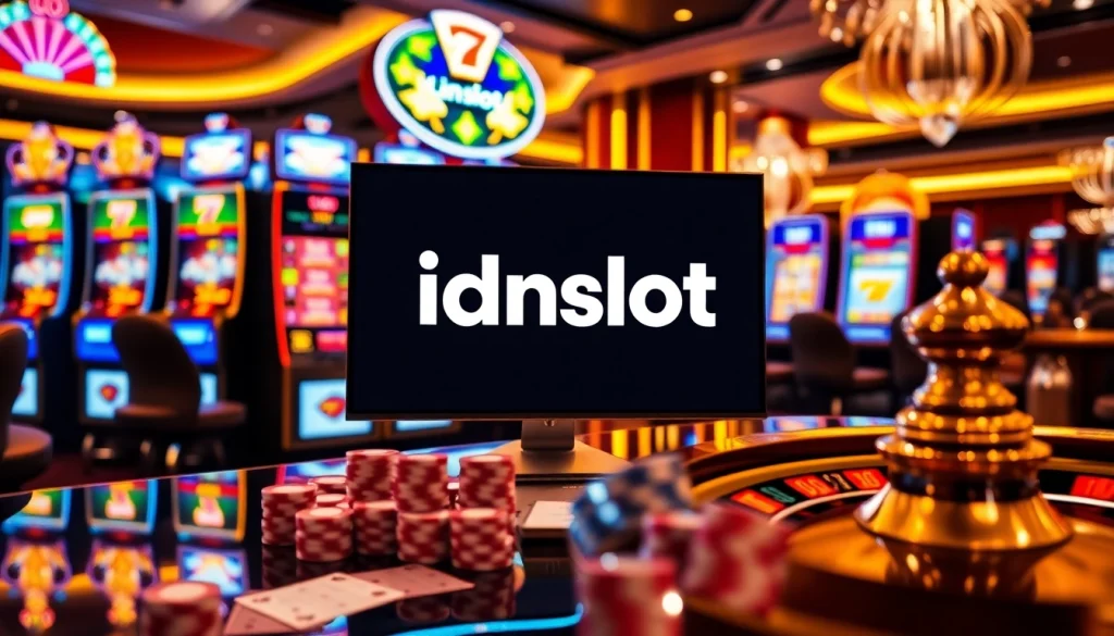 Experience the thrill of idnslot online gaming with an elegant casino backdrop.
