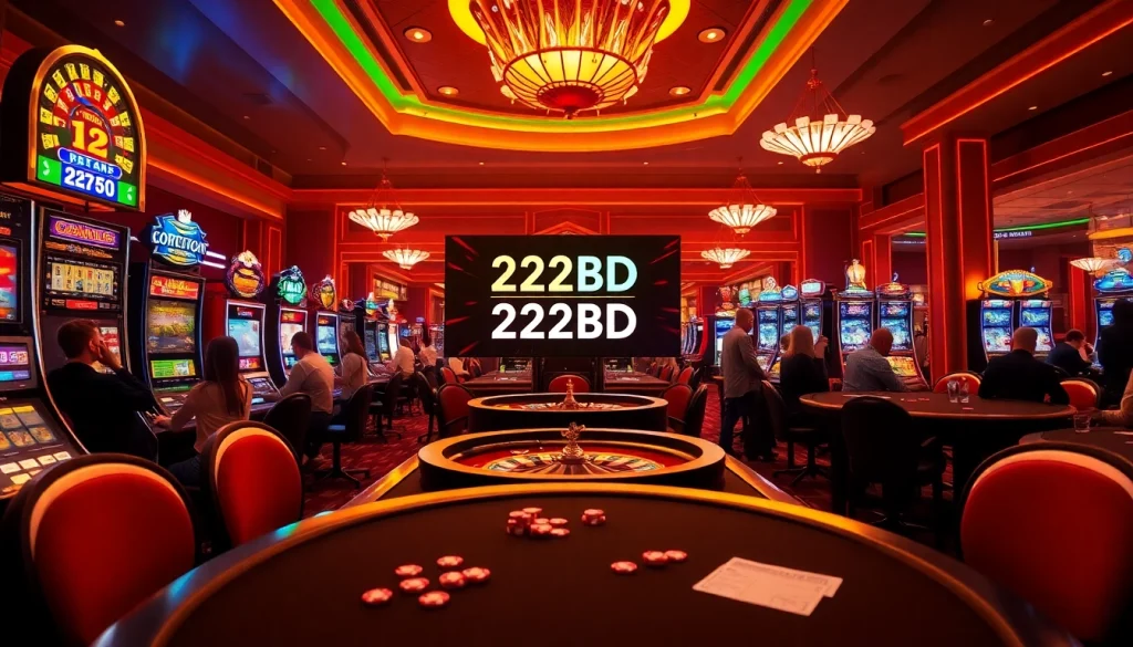 Engaging casino scene showcasing excitement and luxury at 222BD with vibrant games and thrilled players.