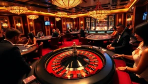 Players engaging in high-stakes gambling at 33BD Casino with vibrant tables and elegant decor.