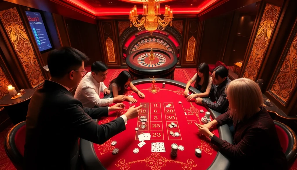 Excited players engaging in an immersive game bài experience at a luxurious casino table.