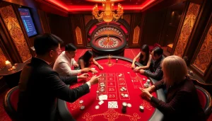 Excited players engaging in an immersive game bài experience at a luxurious casino table.