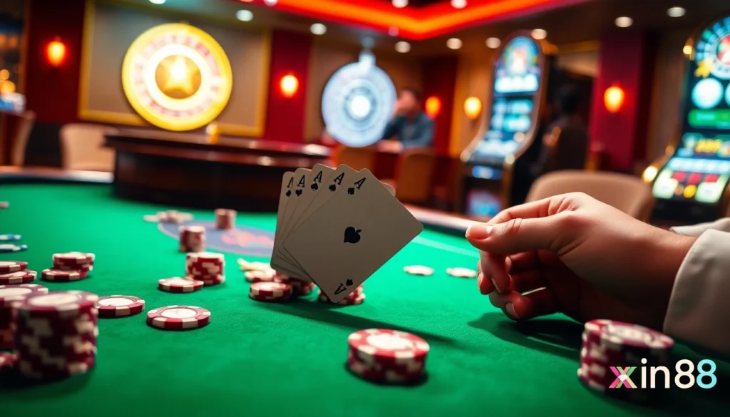 Players strategically winning hands at xin88's luxurious poker table with vibrant casino elements.