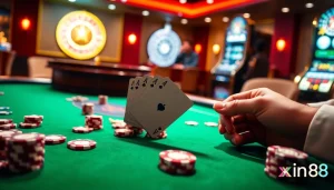 Players strategically winning hands at xin88's luxurious poker table with vibrant casino elements.