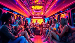Celebrating inside a luxury Party-Bus with friends enjoying drinks and music.