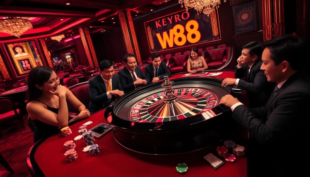 Experience thrilling roulette action at ww88 with vibrant chips and players immersed in the game.