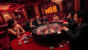 Experience thrilling roulette action at ww88 with vibrant chips and players immersed in the game.