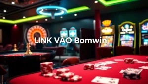 Engaging casino interface showcasing LINK VÀO Bomwin with poker chips and slot machines.