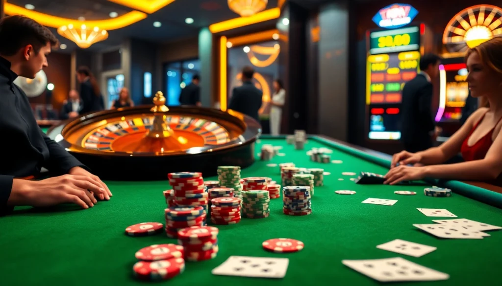 Experience the thrill of winnings with TR88 in a luxurious casino setup featuring gaming tables and slot machines.